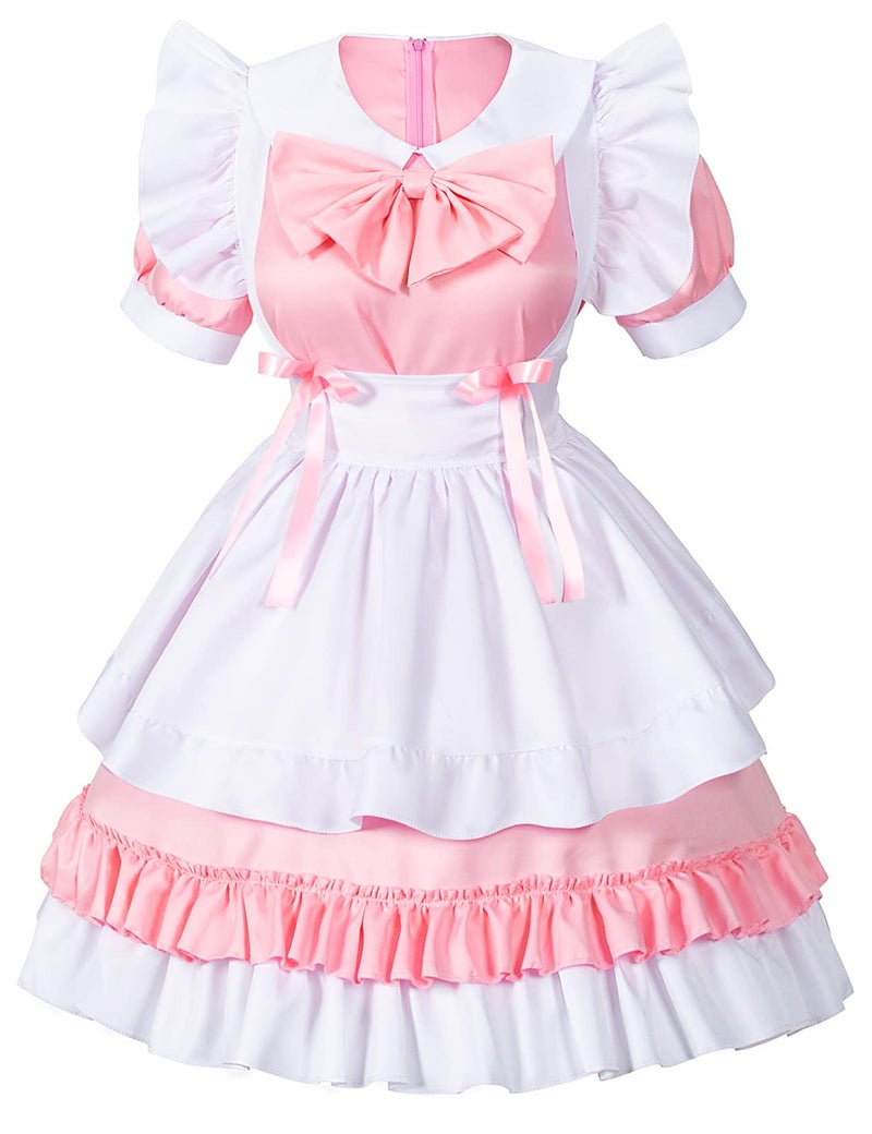 Irtysh Girl Sweet Kawaii Costume Dress Anime French Maid Cosplay Furry Cat Ear Gloves Socks Set(Pink 3XL) - Image 2